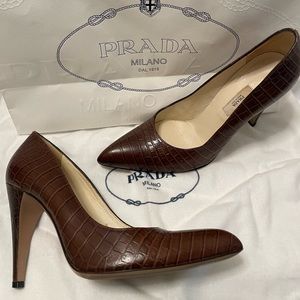 Prada Stamped Croc Tobacco Brown Pumps -Size 6.5M/36.5